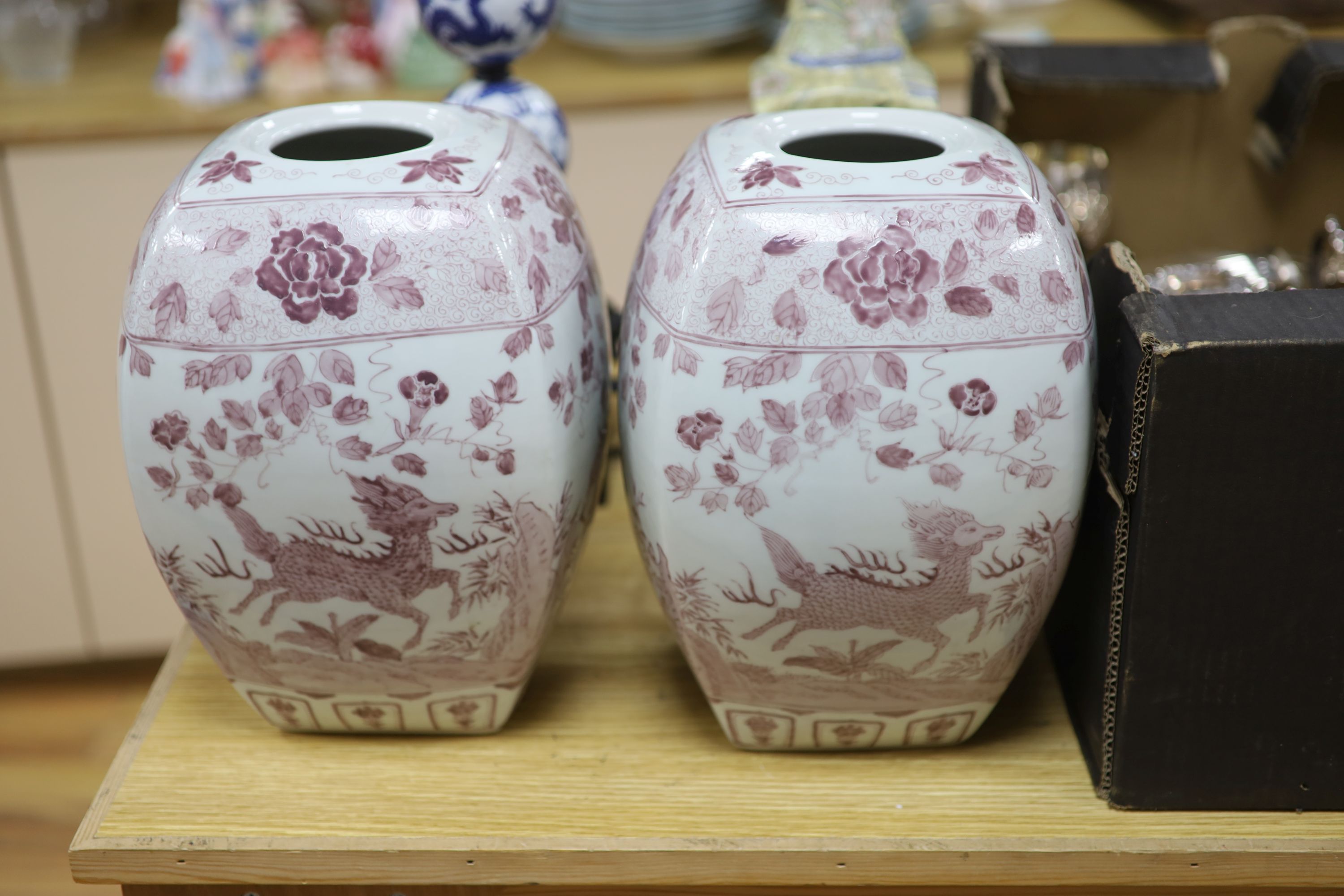 Two Chinese porcelain lamps and a pair of vases, tallest 58cm